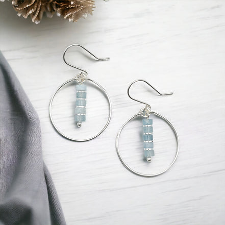 Boho - Silver Hoops with Aquamarine Dangle Earrings Bijou by SAM   