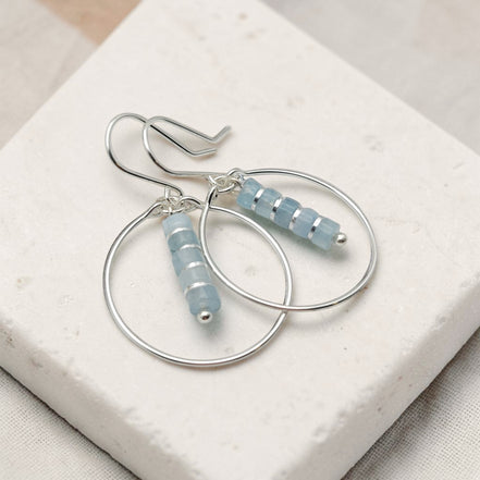Boho - Silver Hoops with Aquamarine Dangle
