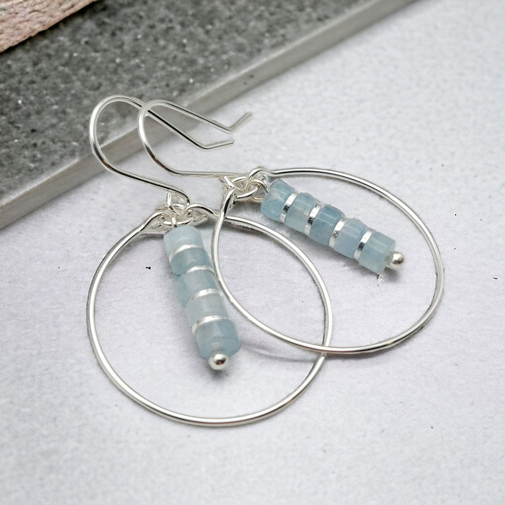 Boho - Silver Hoops with Aquamarine Dangle Earrings Bijou by SAM   