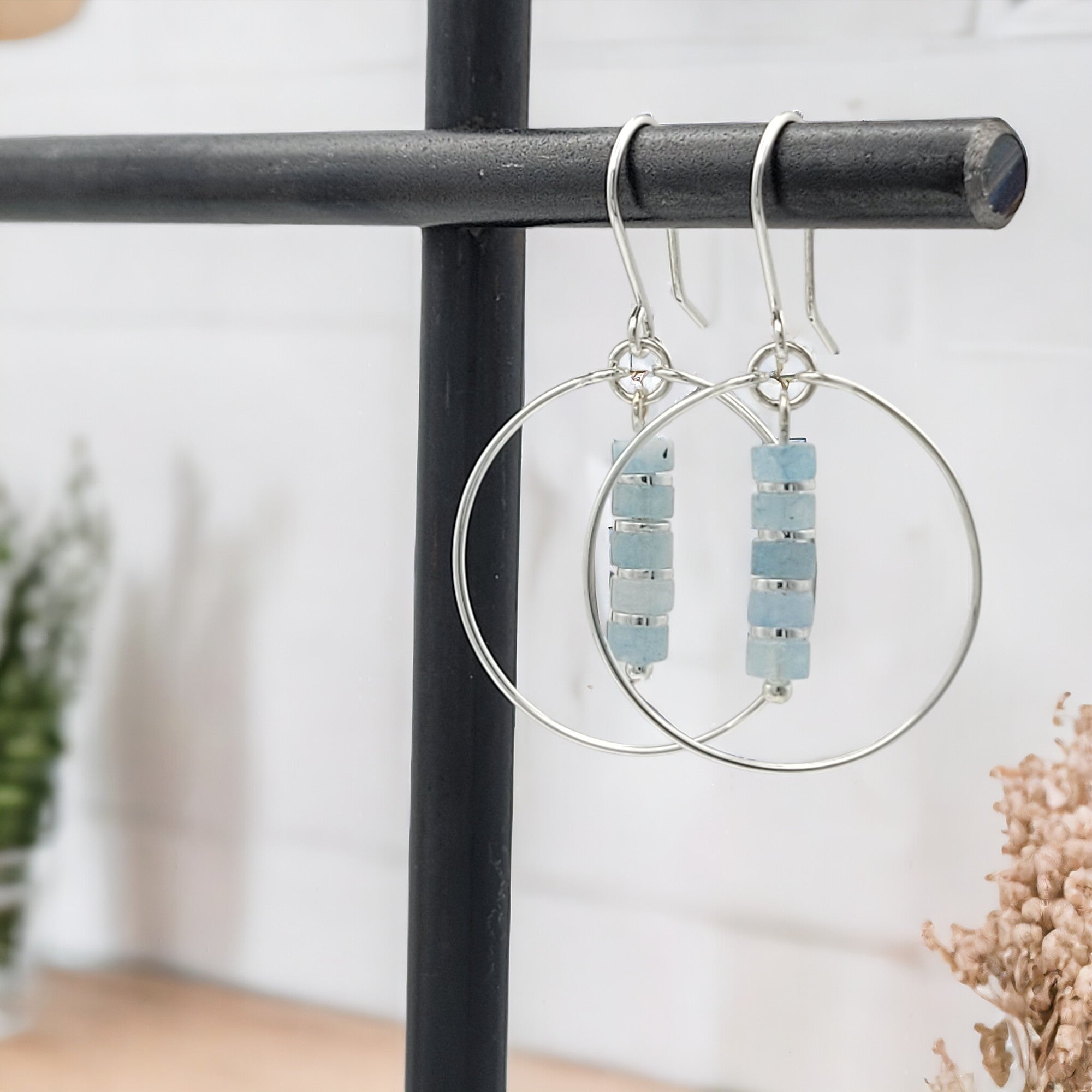 Boho - Silver Hoops with Aquamarine Dangle Earrings Bijou by SAM   