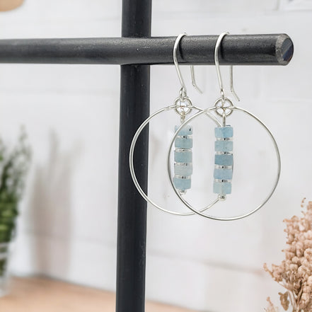 Boho - Silver Hoops with Aquamarine Dangle Earrings Bijou by SAM   