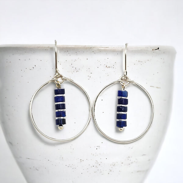 Boho - Silver Hoops with Lapis Lazuli Dangle Earrings Bijou by SAM   