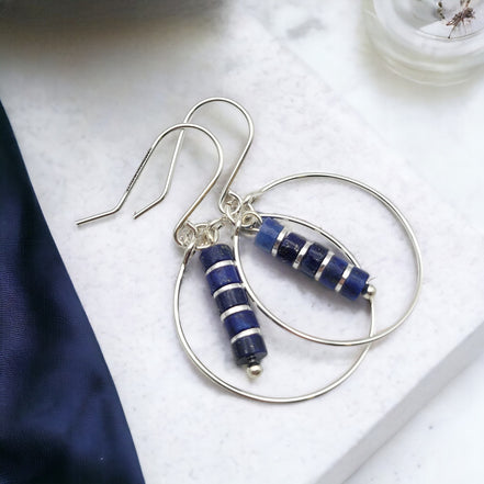 Boho - Silver Hoops with Lapis Lazuli Dangle Earrings Bijou by SAM   