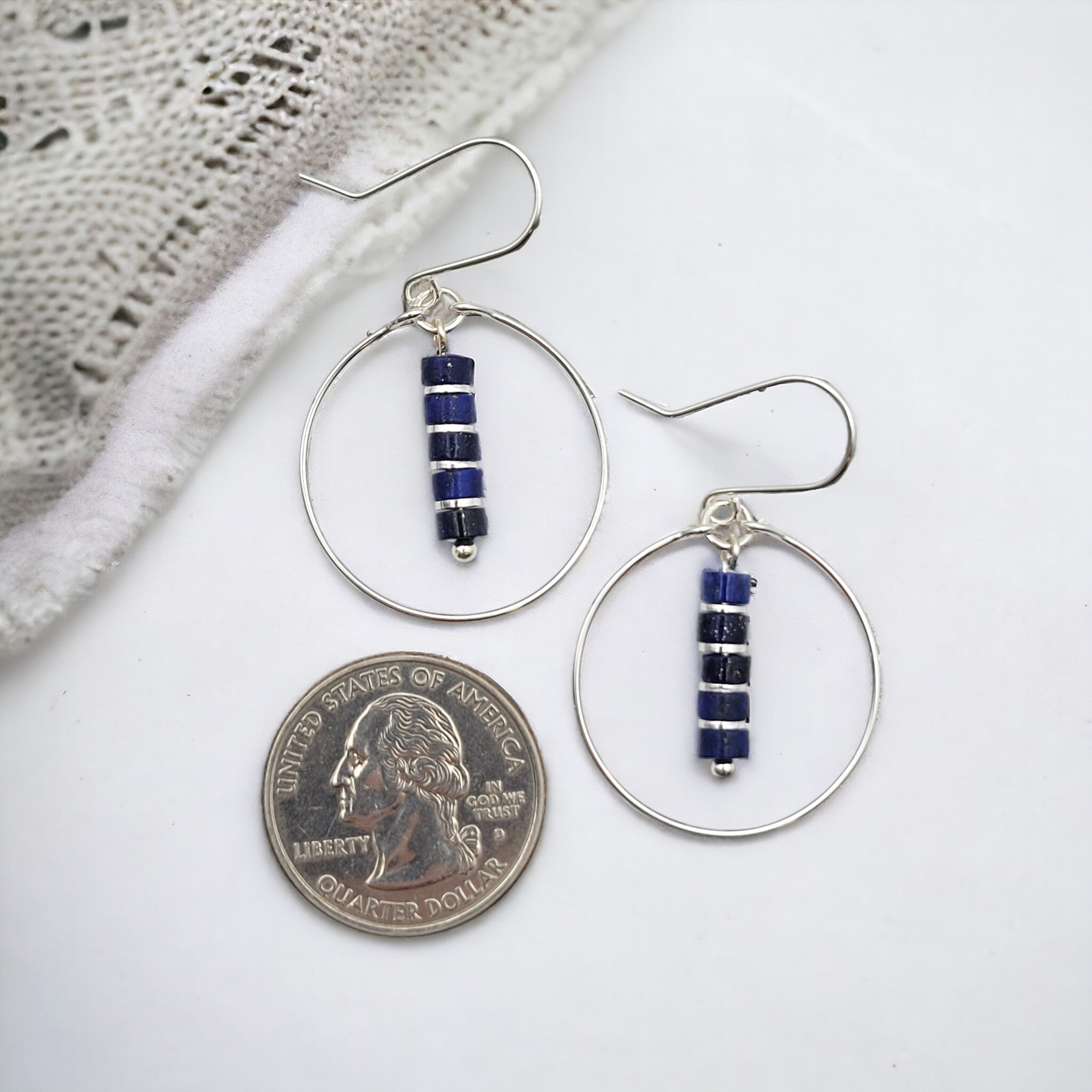 Boho - Silver Hoops with Lapis Lazuli Dangle Earrings Bijou by SAM   