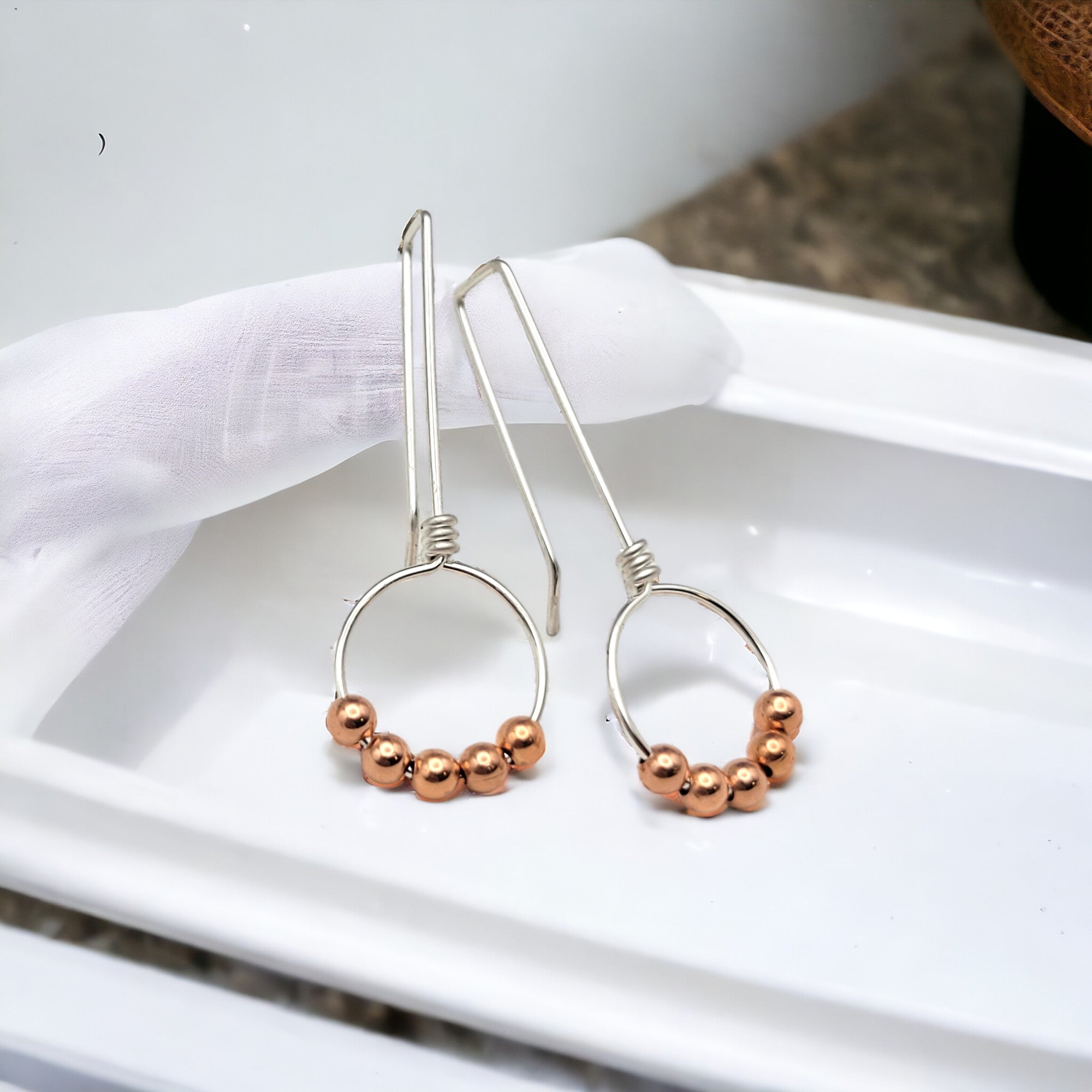 Sterling Silver & Copper Beaded Hoop Threaders Earrings Bijou by SAM   