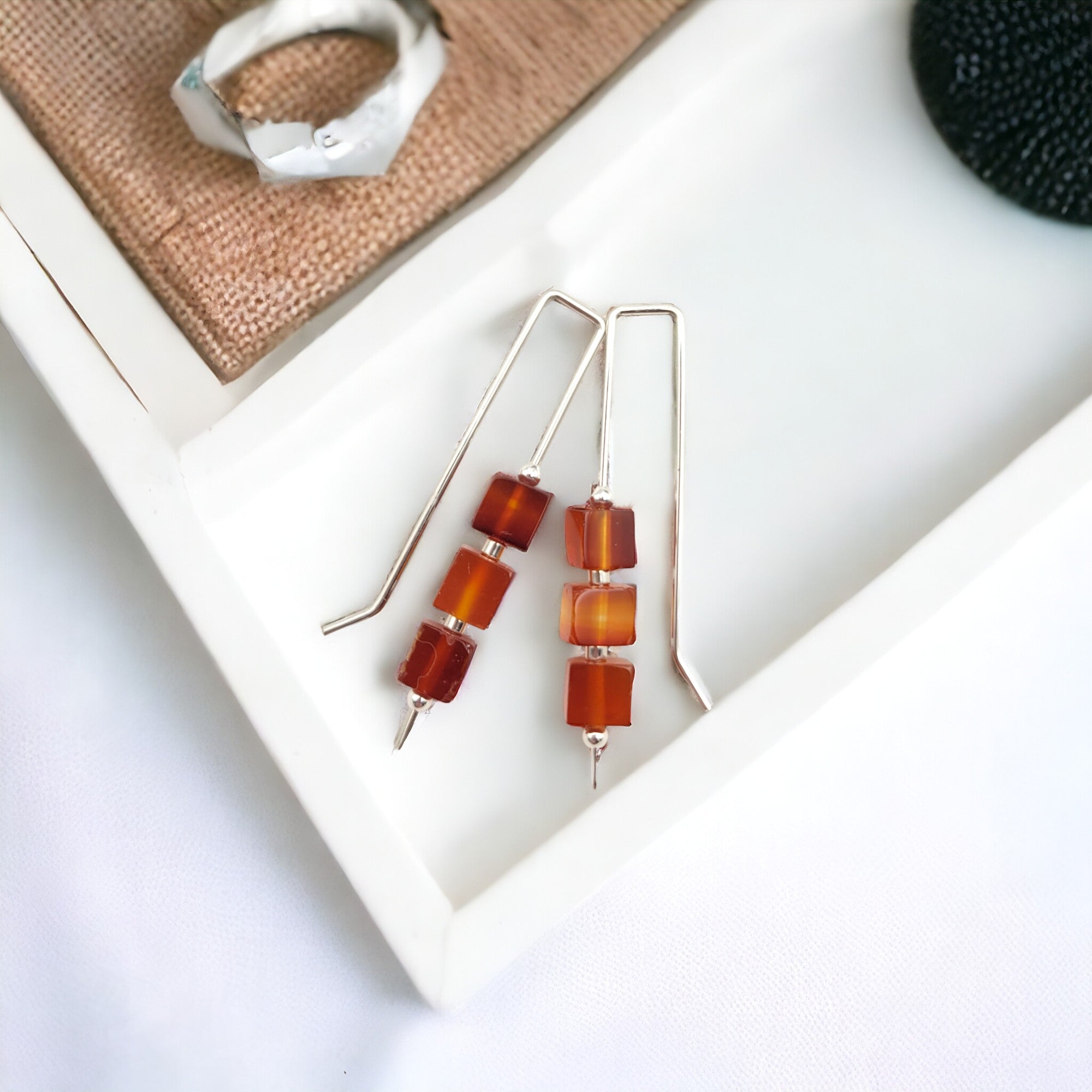Silver Threaders with Carnelian Cubes Earrings Bijou by SAM   