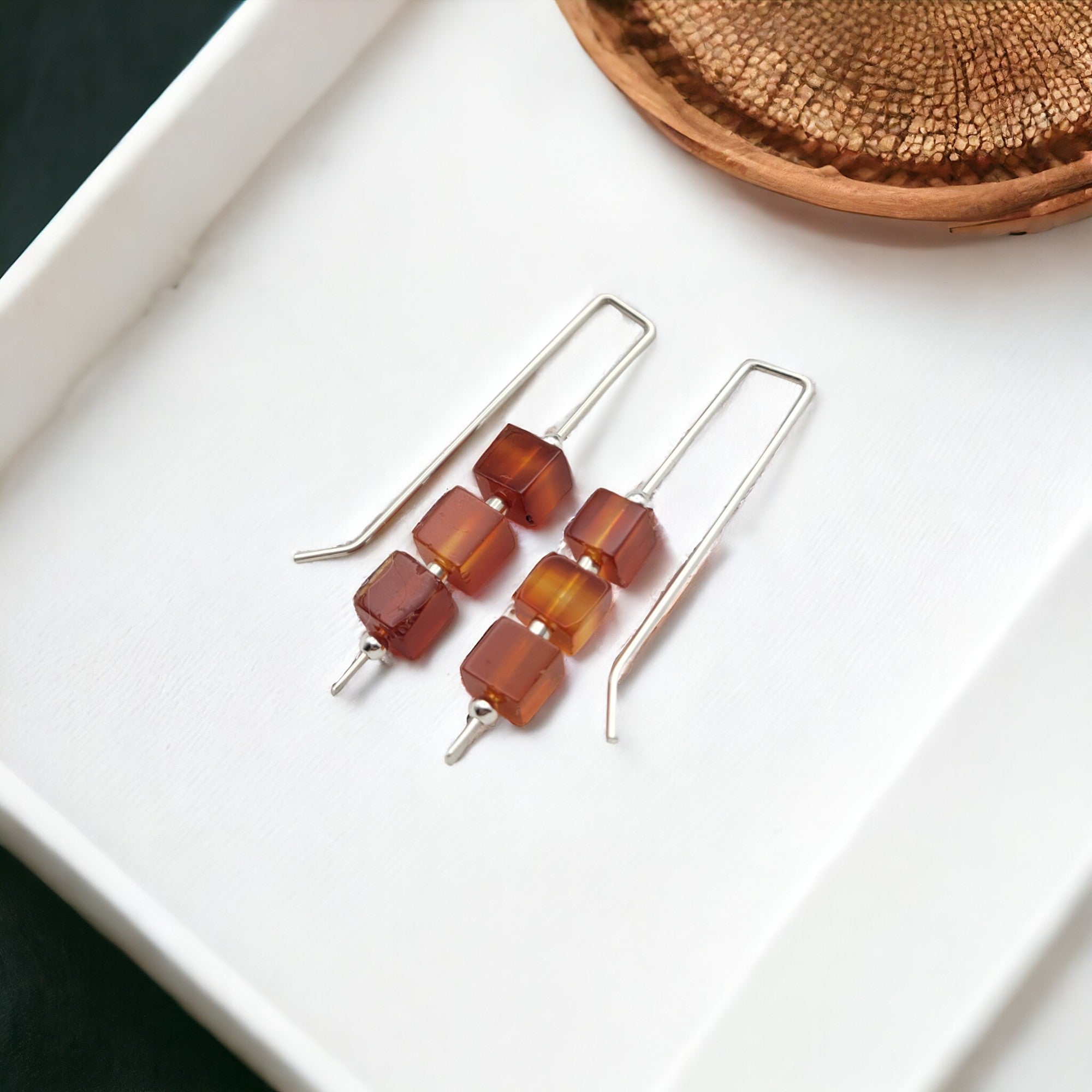 Silver Threaders with Carnelian Cubes Earrings Bijou by SAM   
