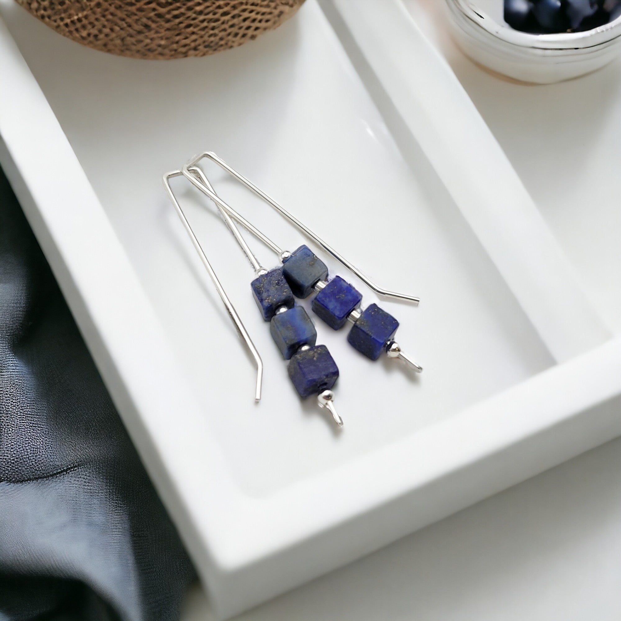Silver Threaders with Lapis Lazuli Cubes Earrings Bijou by SAM   