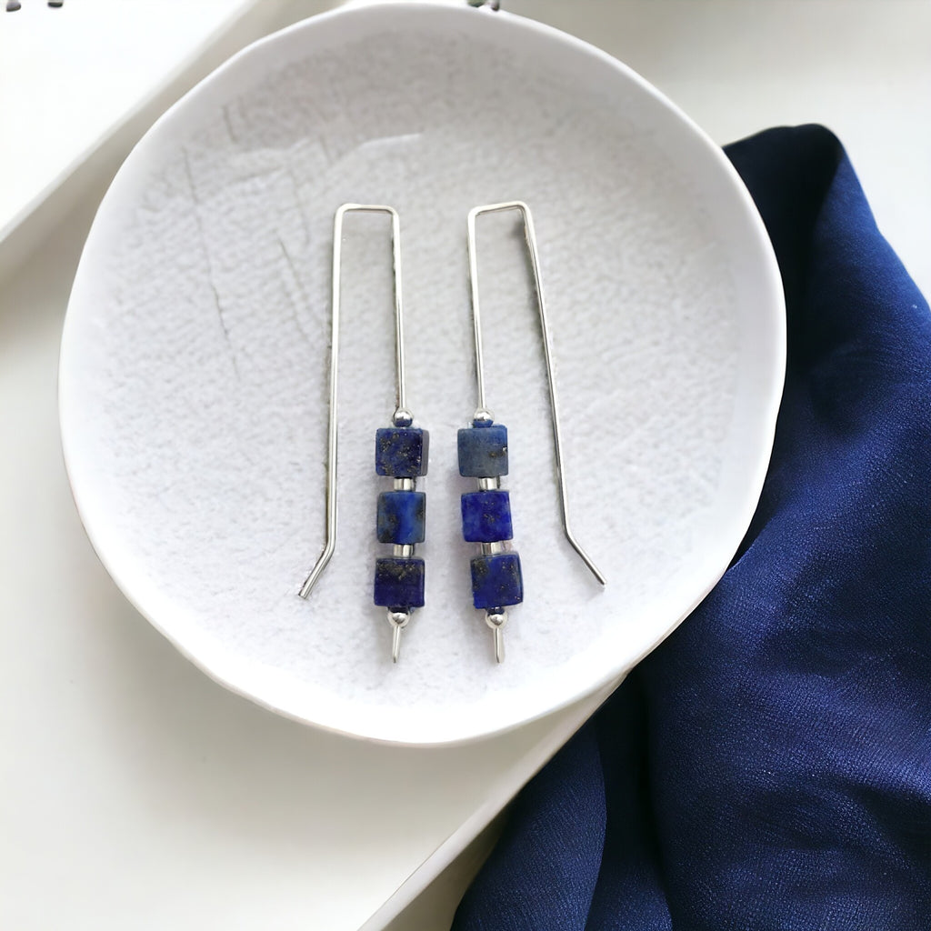 Silver Threaders with Lapis Lazuli Cubes Earrings Bijou by SAM   