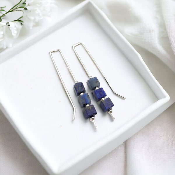 Silver Threaders with Lapis Lazuli Cubes Earrings Bijou by SAM   