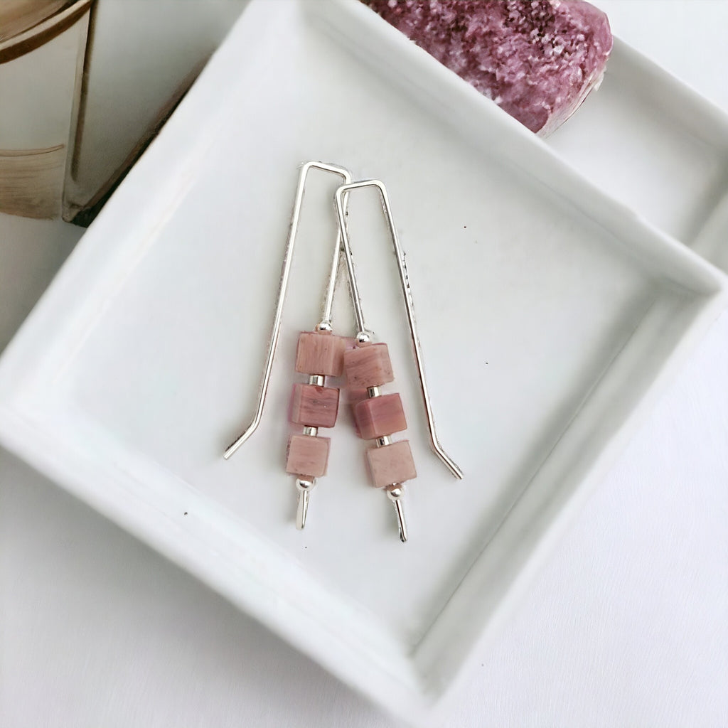 Silver Threaders with Pink Rhodonite Cubes Earrings Bijou by SAM   