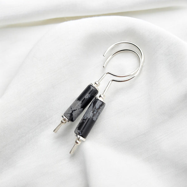 Mystique - Silver and Obsidian Hook Threaders Earrings Bijou by SAM   