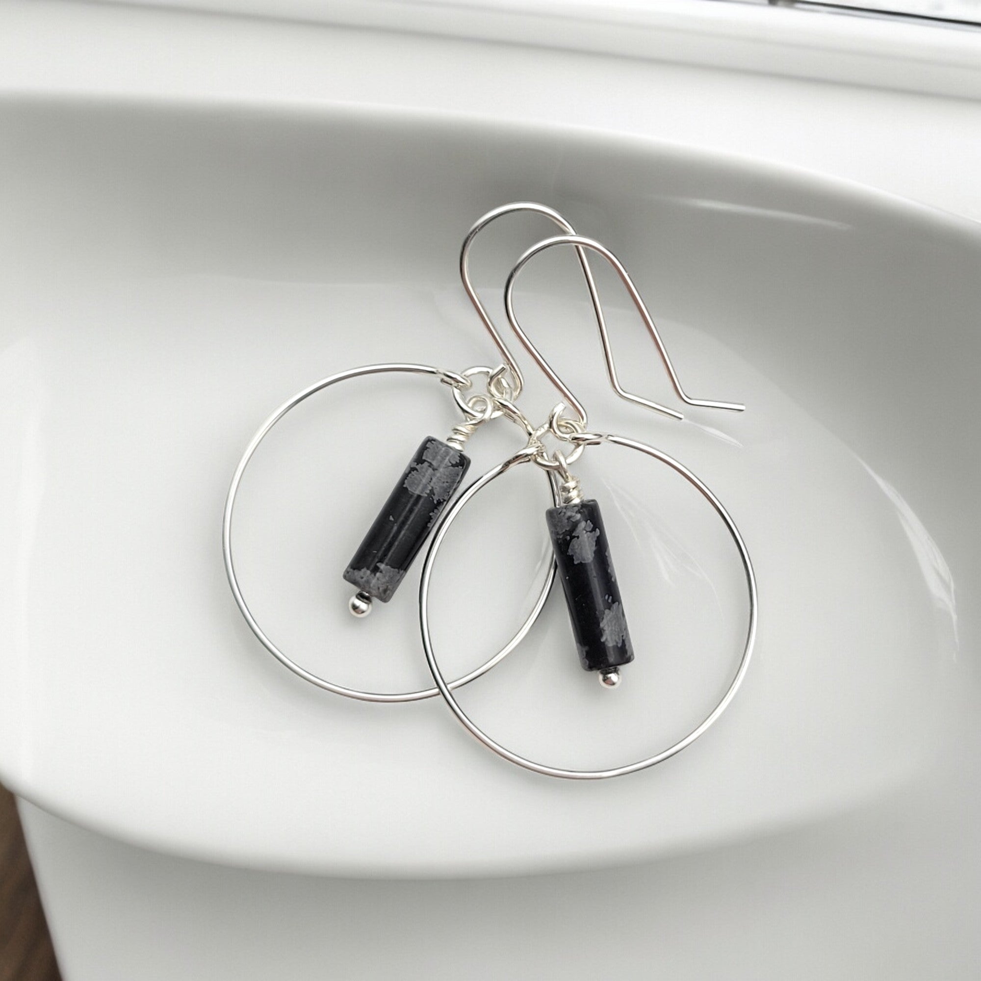 Mystique - Silver Hoops with Snowflake Obsidian Earrings Bijou by SAM   