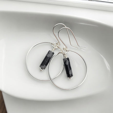 Mystique - Silver Hoops with Snowflake Obsidian Earrings Bijou by SAM   