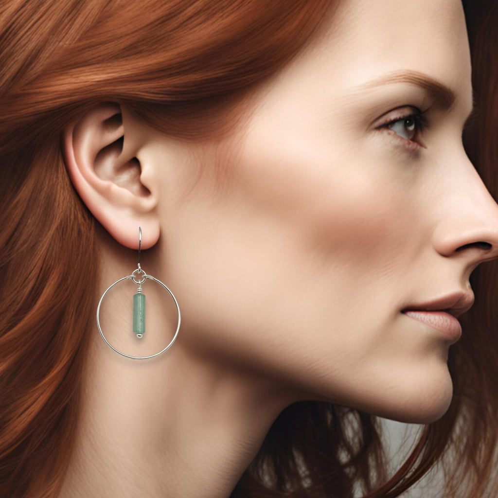 Mystique - Silver Hoops with Green Aventurine Earrings Bijou by SAM   