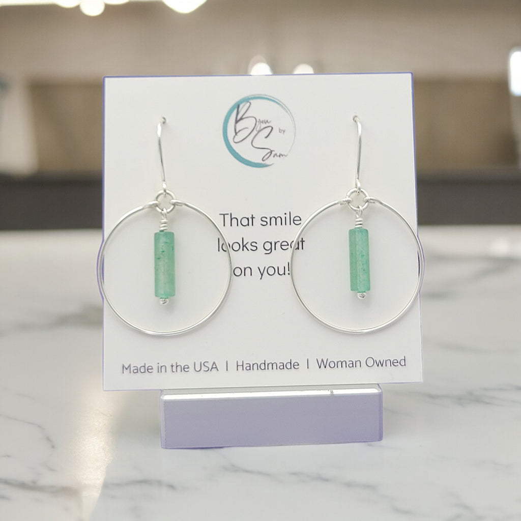 Mystique - Silver Hoops with Green Aventurine Earrings Bijou by SAM   