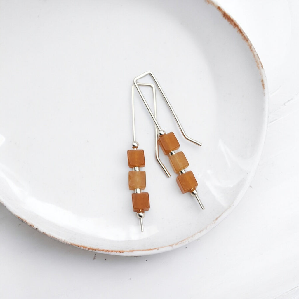 Cube - Orange Aventurine & Sterling Silver Threaders Earrings Bijou by SAM   