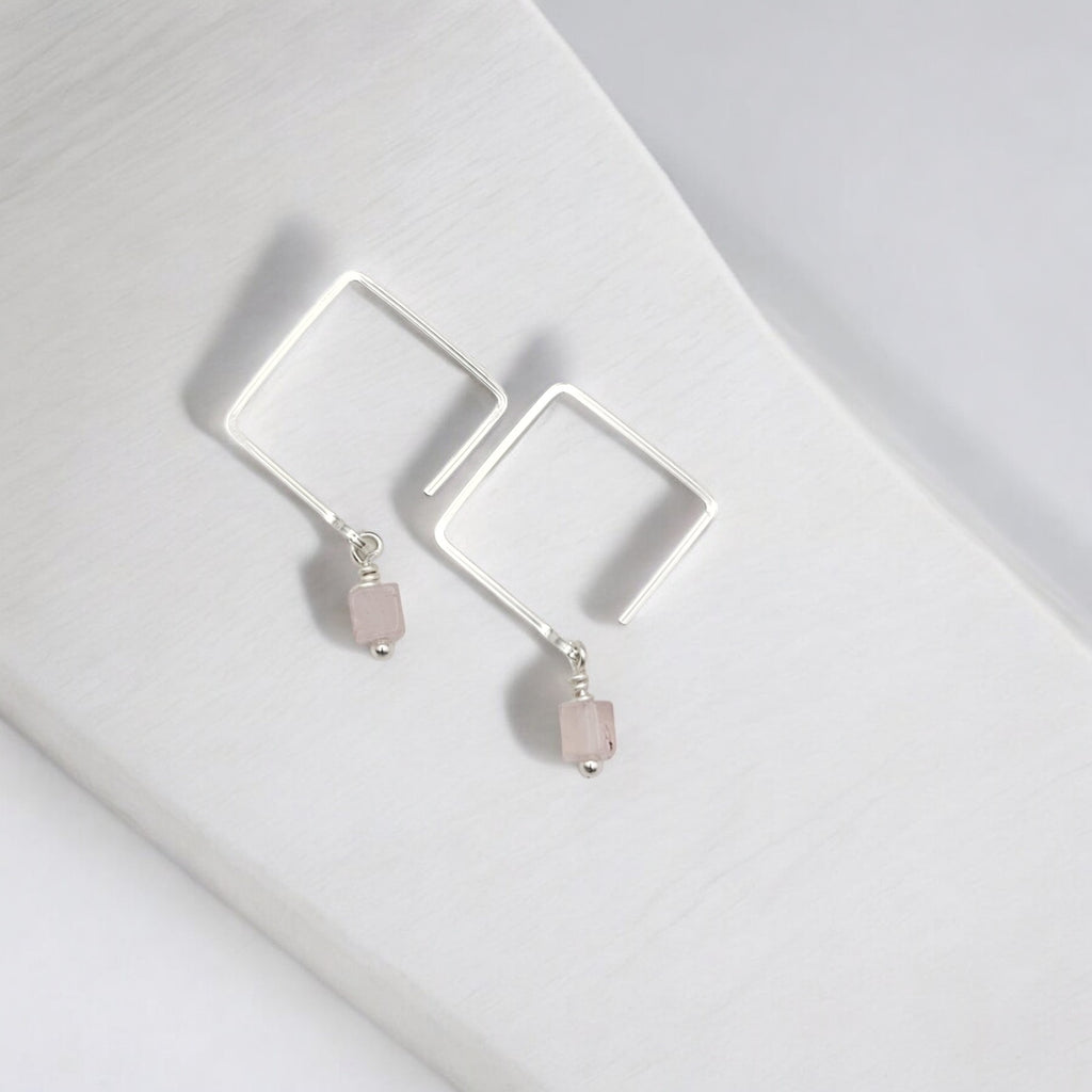 Cube - Square Threader Earrings with Rose Quartz Earrings Bijou by SAM   