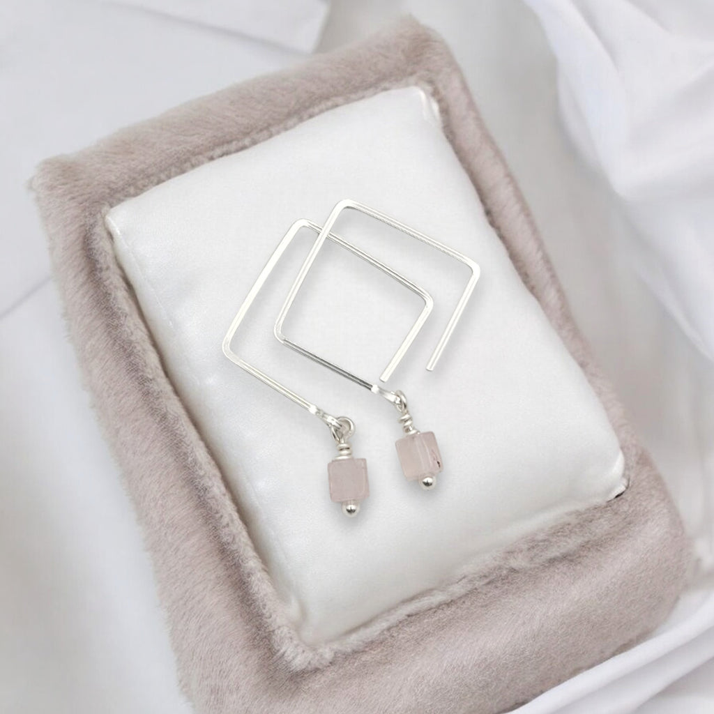 Cube - Square Threader Earrings with Rose Quartz Earrings Bijou by SAM   