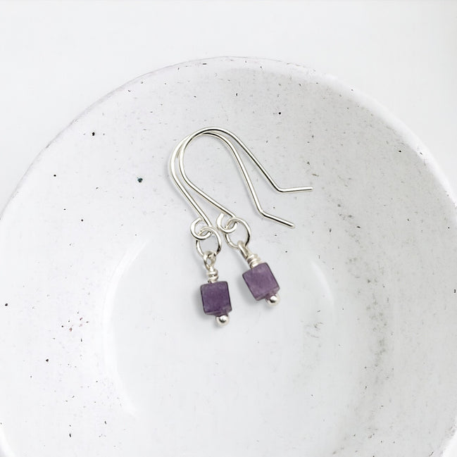 Cube - Small Silver & Amethyst Dangle Earrings Earrings Bijou by SAM Sterling Silver