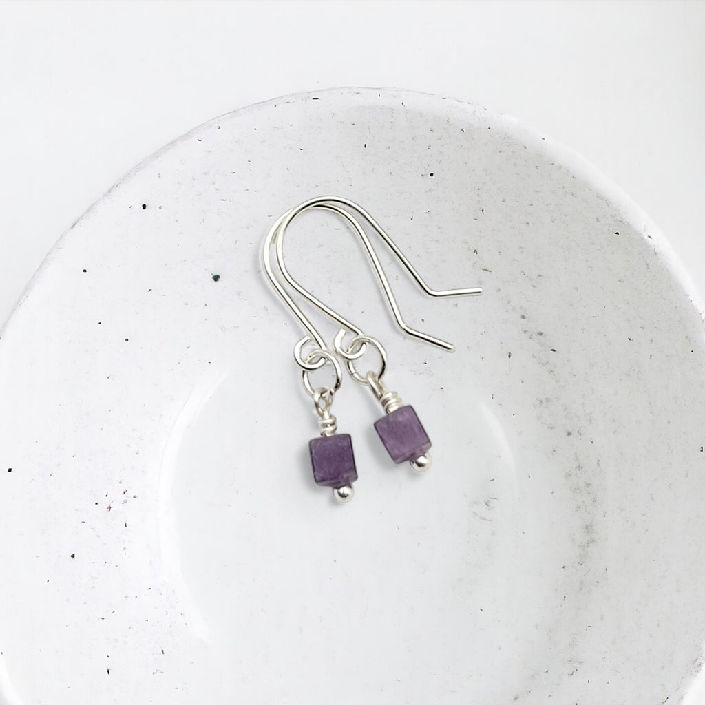 Cube - Small Silver & Amethyst Dangle Earrings Earrings Bijou by SAM   