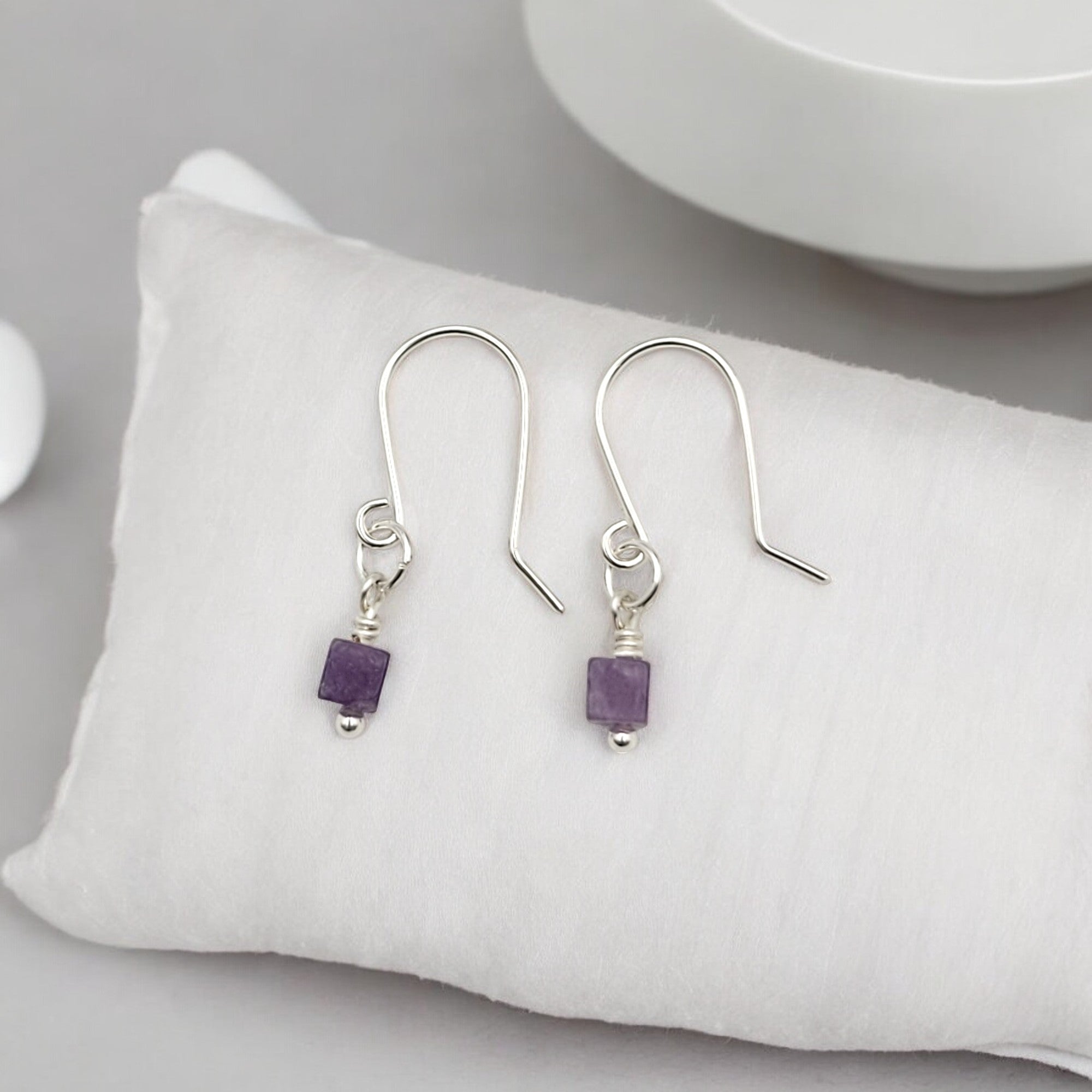 Cube - Small Silver & Amethyst Dangle Earrings Earrings Bijou by SAM   