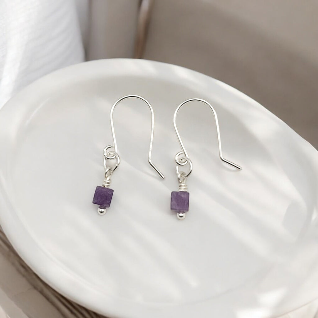 Cube - Small Silver & Amethyst Dangle Earrings Earrings Bijou by SAM   