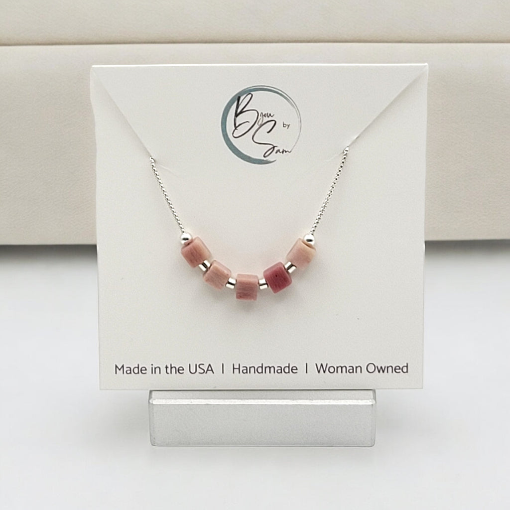 Cube - Silver & Pink Rhodonite Necklace Necklace Bijou by SAM   