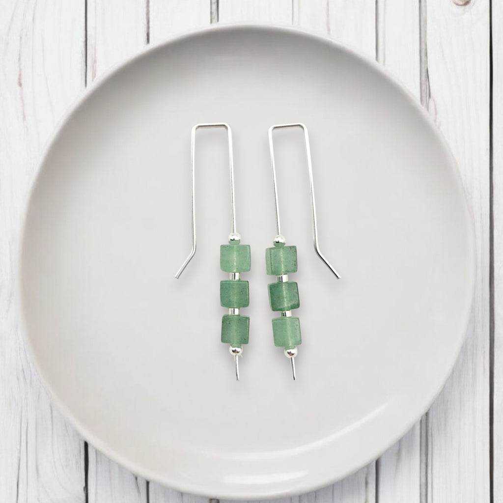 Cube - Green Aventurine & Silver Threaders Earrings Bijou by SAM   