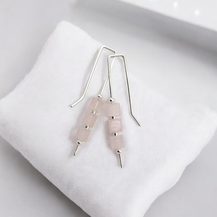 Cube - Rose Quartz & Silver Threaders Earrings Bijou by SAM   