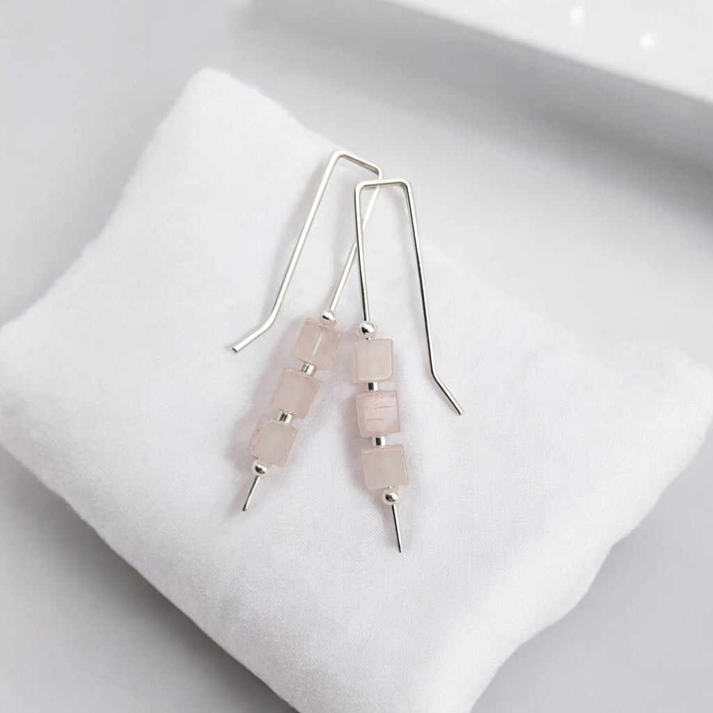 Cube - Rose Quartz & Silver Threaders Earrings Bijou by SAM   