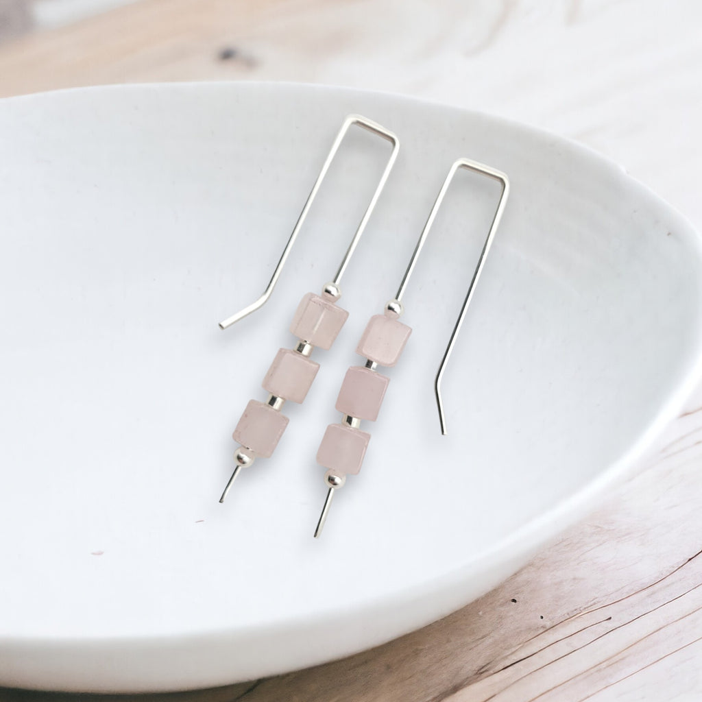 Cube - Rose Quartz & Silver Threaders Earrings Bijou by SAM   