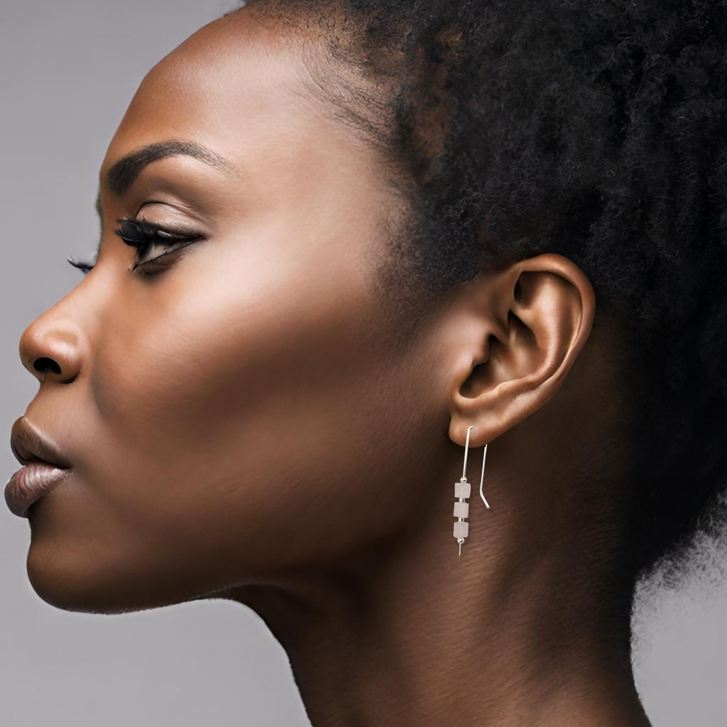 Cube - Rose Quartz & Silver Threaders Earrings Bijou by SAM   