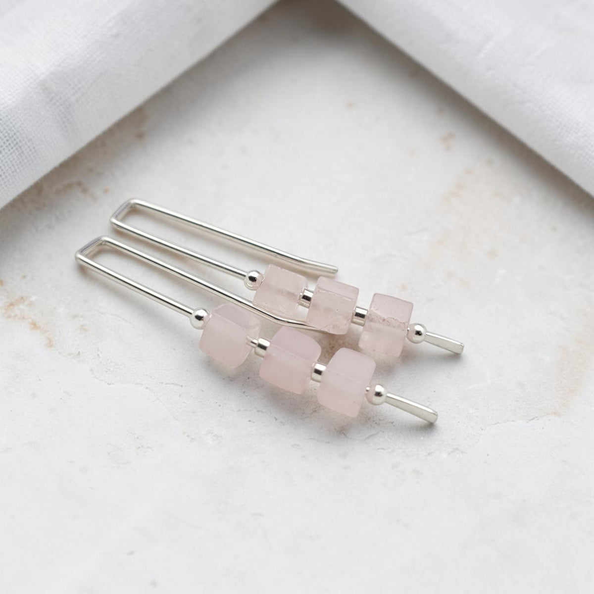 Cube - Rose Quartz & Silver Threaders