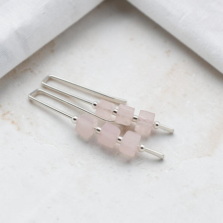 Cube - Rose Quartz & Silver Threaders