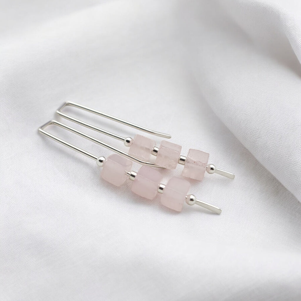 Cube - Rose Quartz & Silver Threaders Earrings Bijou by SAM   