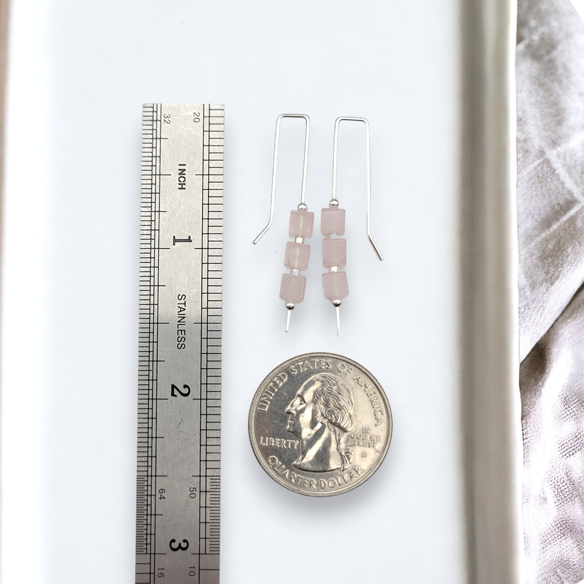 Cube - Rose Quartz & Silver Threaders Earrings Bijou by SAM   