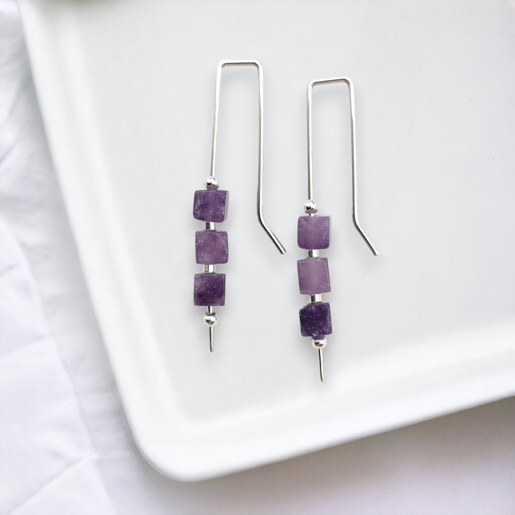 Cube - Silver & Amethyst Threaders Earrings Bijou by SAM   