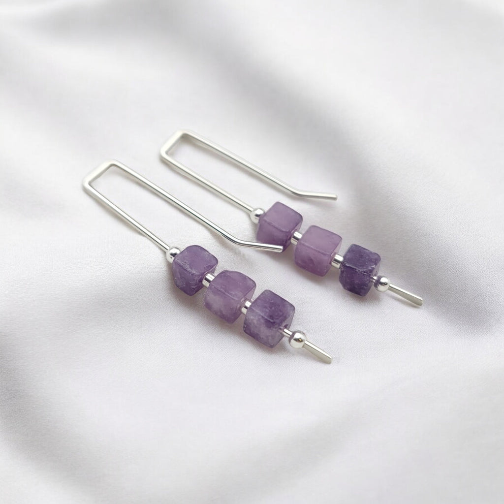 Cube - Silver & Amethyst Threaders Earrings Bijou by SAM   