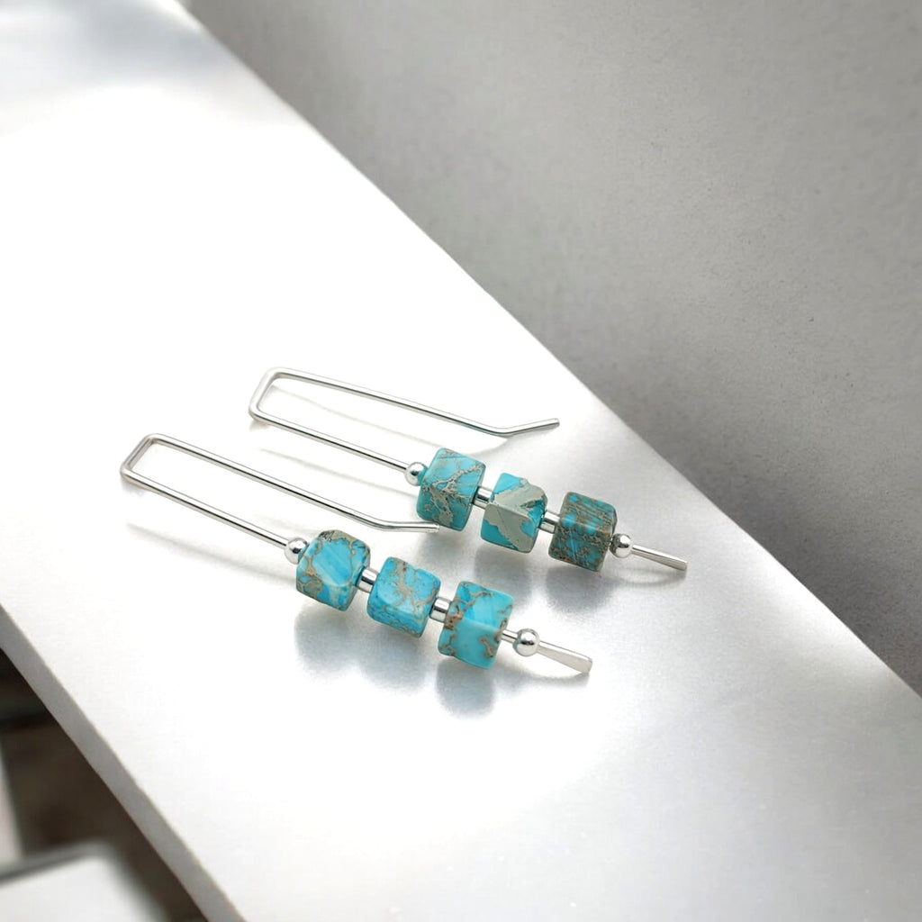 Cube - Turquoise & Silver Threaders Earrings Bijou by SAM   