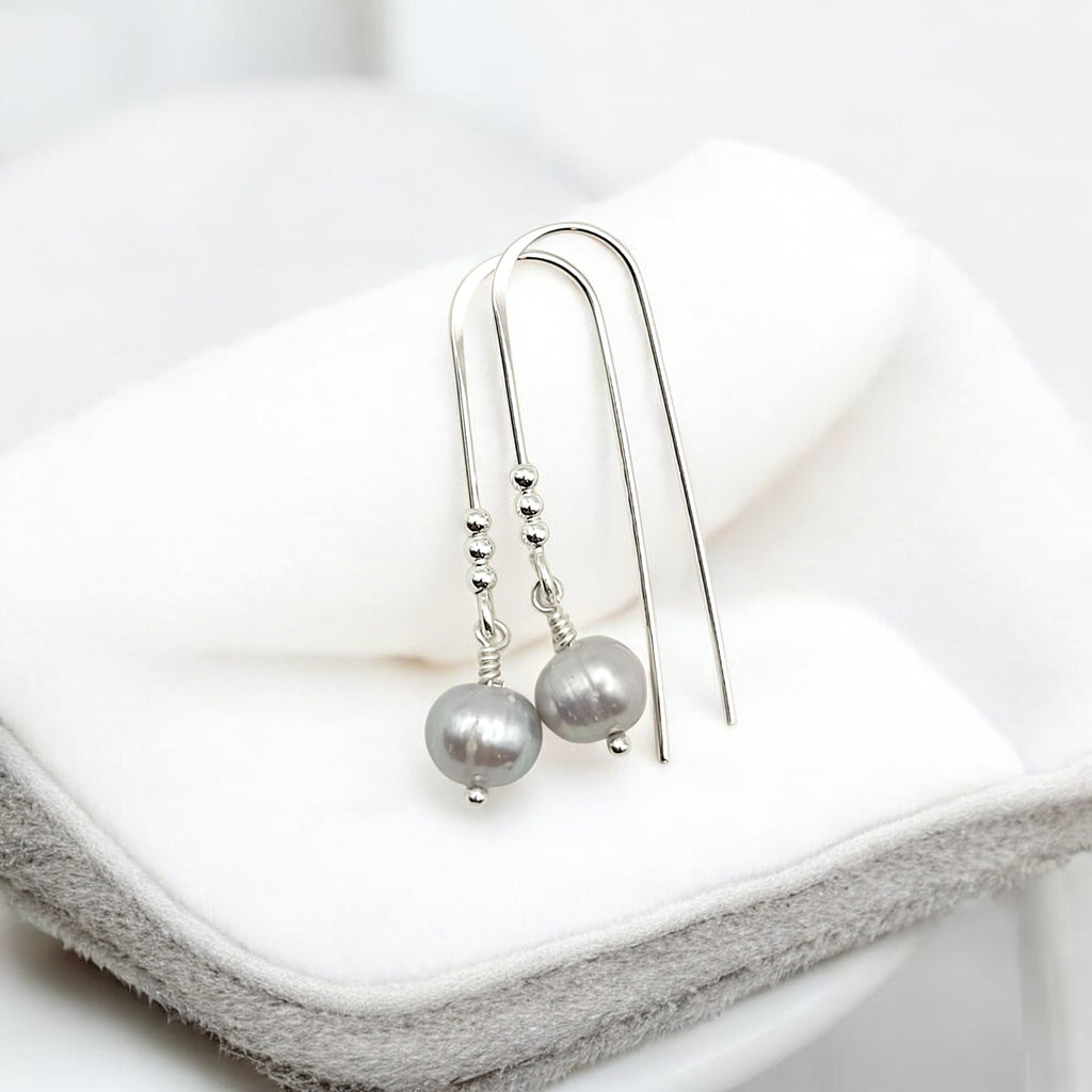 Pearl - Silver & Gray Threader Earrings Bijou by SAM   