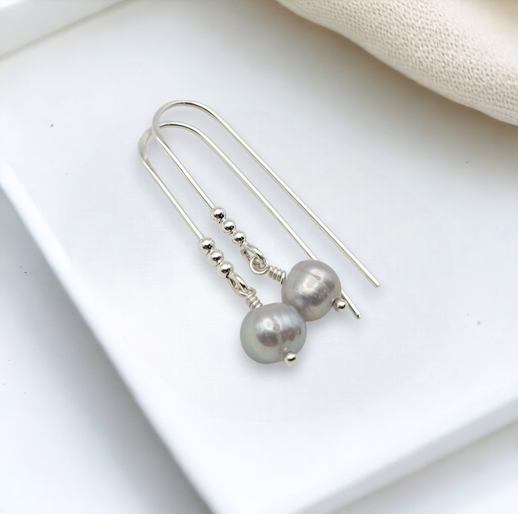 Pearl - Silver & Gray Threader Earrings Bijou by SAM   