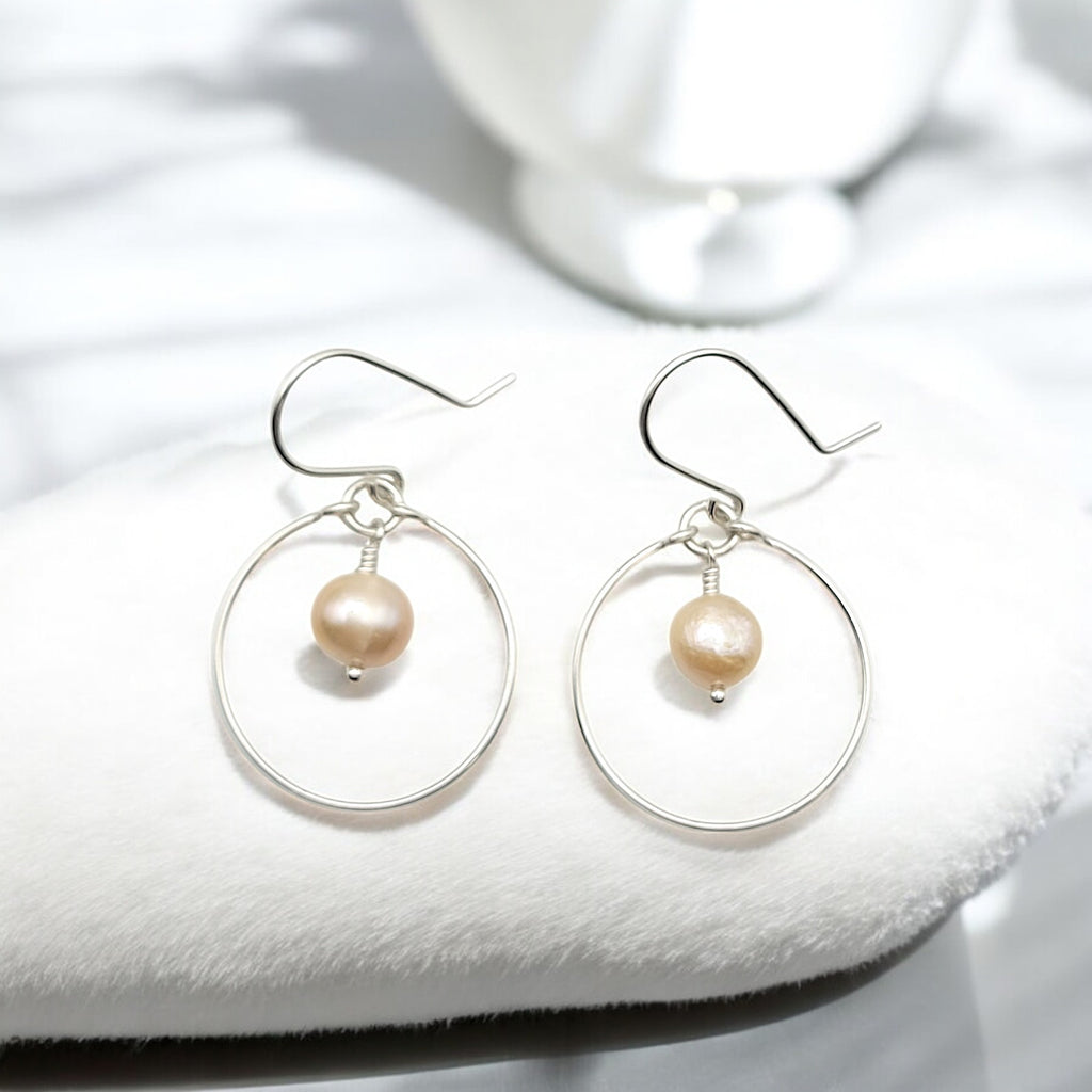 Pearl - Silver & Peach Hoops Earrings Bijou by SAM   