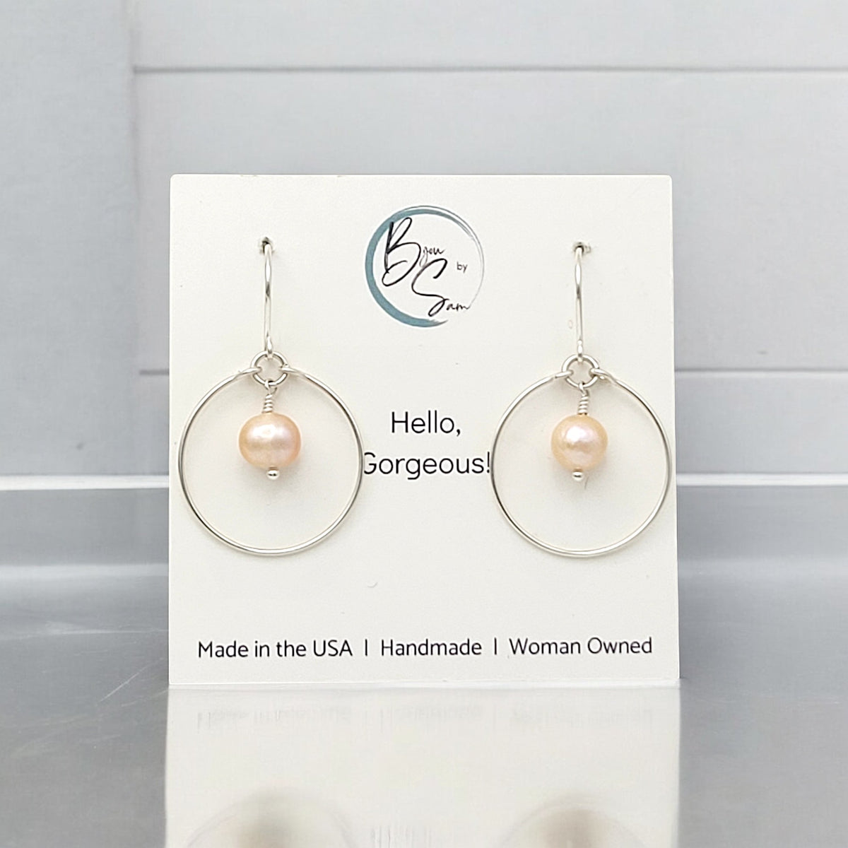 Pearl - Silver & Peach Hoops Earrings Bijou by SAM   