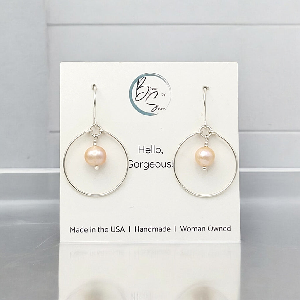 Pearl - Silver & Peach Hoops Earrings Bijou by SAM   