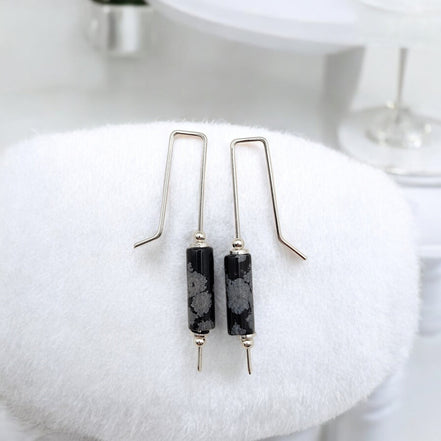 Mystique - Silver & Black Snowflake Obsidian Bar Threaders Earrings Bijou by SAM