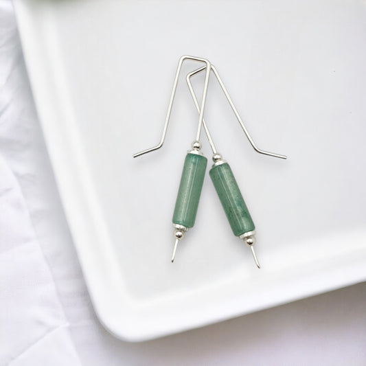 Mystique - Silver & Green Aventurine Bar Threaders Earrings Bijou by SAM