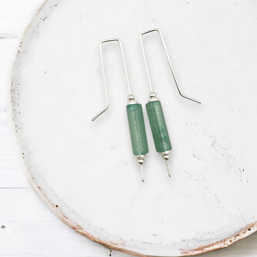 Mystique - Silver & Green Aventurine Bar Threaders Earrings Bijou by SAM