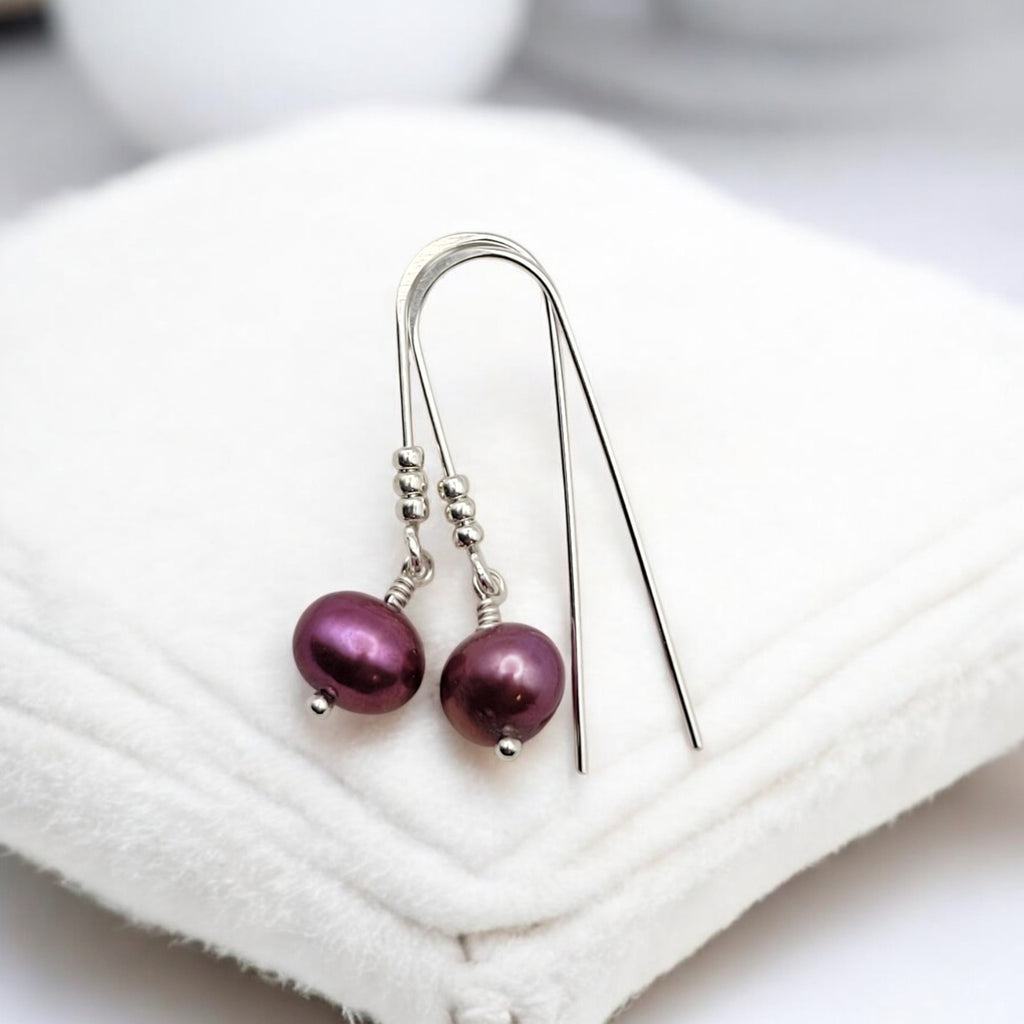 Pearl - Silver & Cranberry Threaders Earrings Bijou by SAM