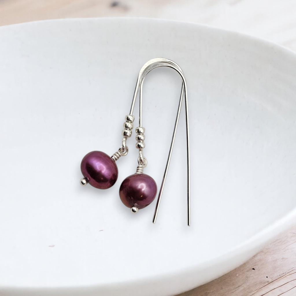 Pearl - Silver & Cranberry Threaders Earrings Bijou by SAM